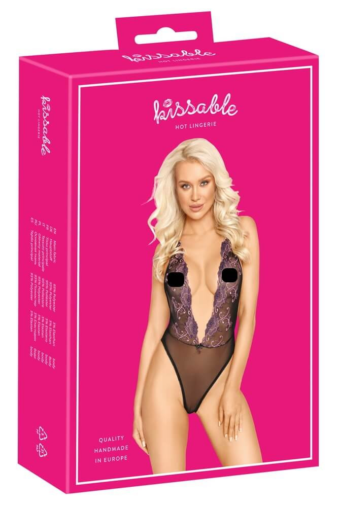 Kissable - růžové vyšívané body (černé) - L/XL