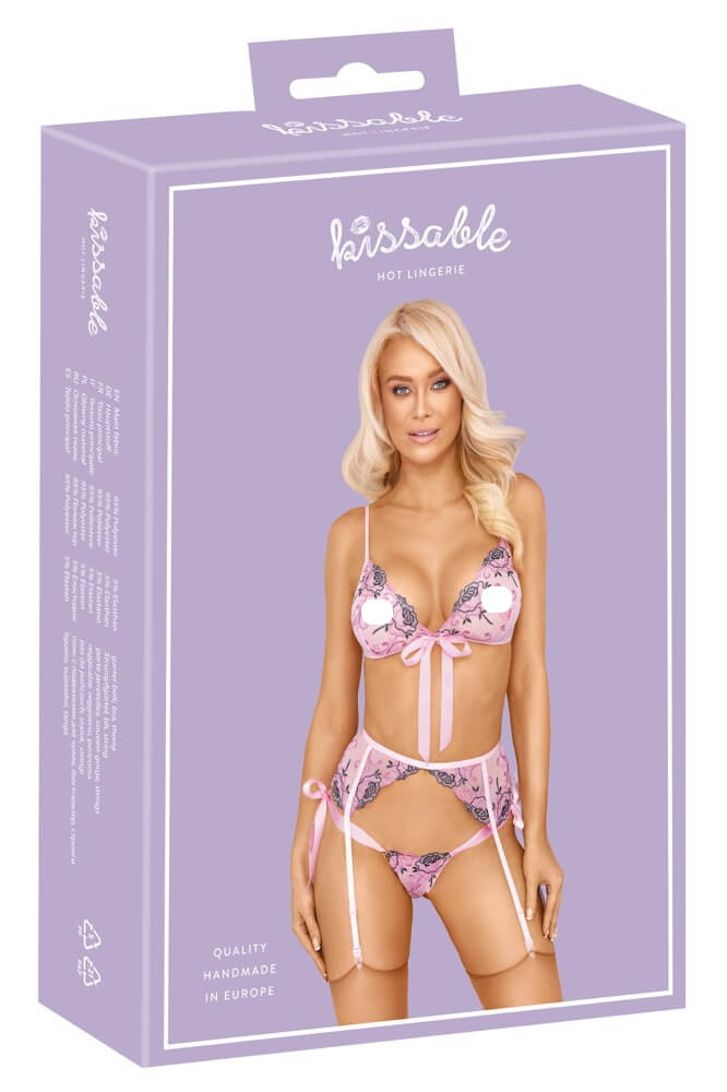 Kissable - vyšívaná souprava spodního prádla (růžová) - L/XL