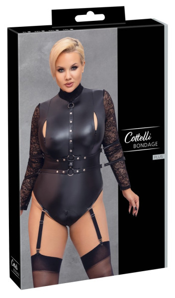 Cottelli Bondage Plus Size - krajkové body s rukávy (černé) - 2XL